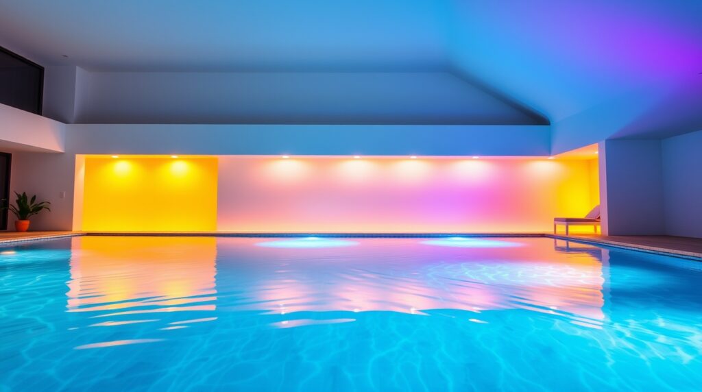 Bright, vibrant colors illuminate a crystal clear modern pool, lively and energetic with diffused shadows and subtle illumination Bright, vibrant colors illuminate a crystal clear modern pool, lively and energetic with diffused shadows and subtle illumination