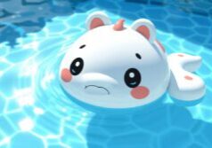 A digital painting of an adorable and charming modern pool with crystal-clear water; iridescent reflections emphasize the cute features